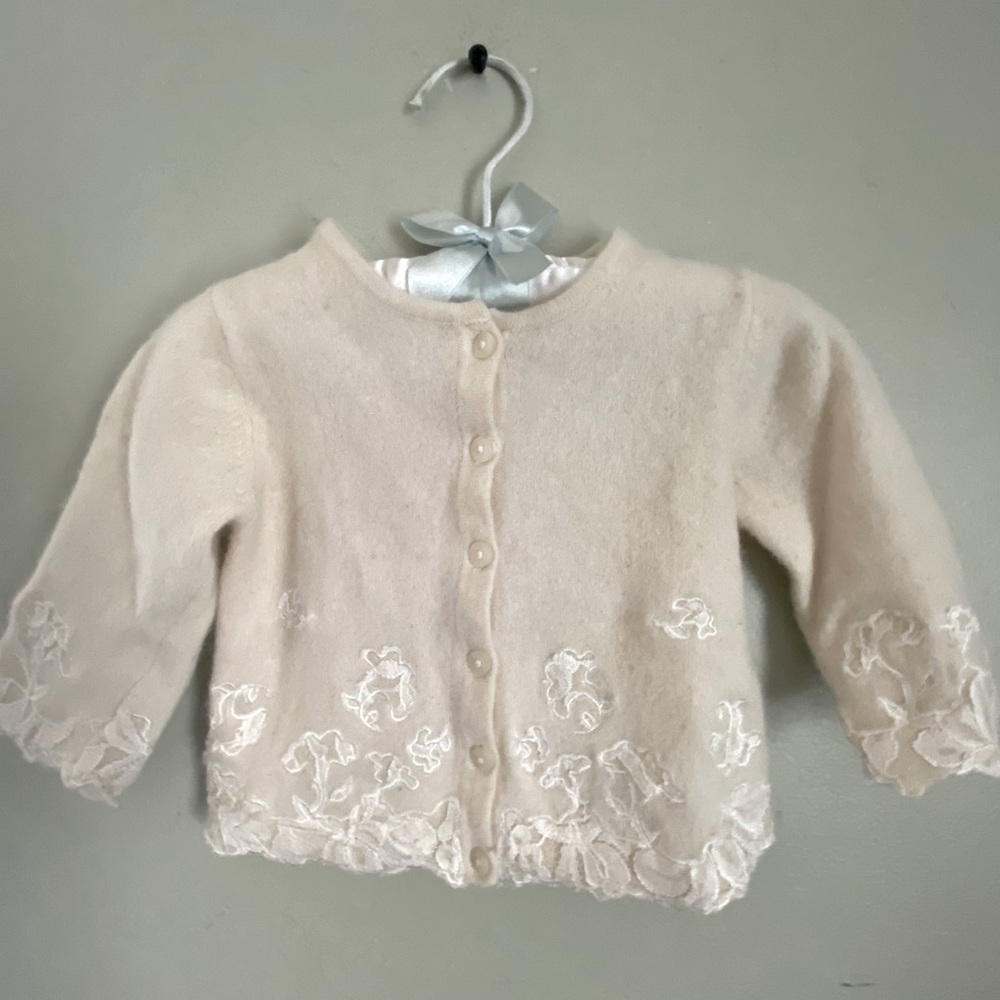 Janie and Jack ivory knit sweater; lace detail, button down.